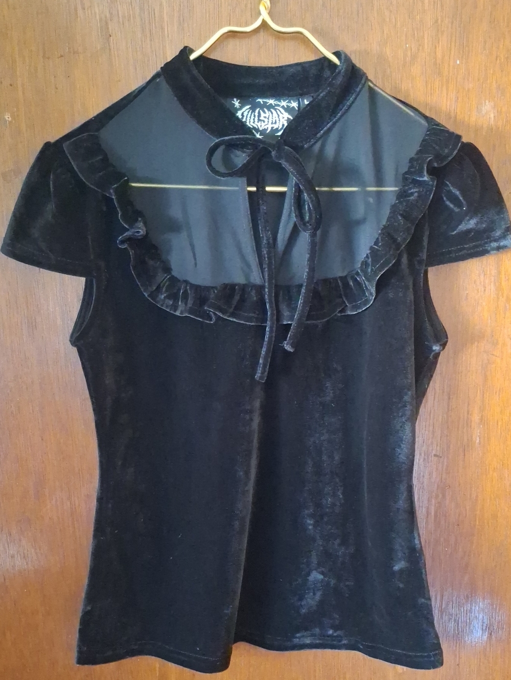 Killstar Black Stretch Velvet Mesh Ruffle Tie-Neck Blouse Sz L NWOT Goth Retro